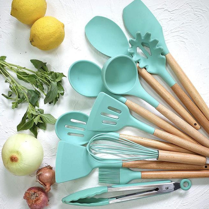 12pcs Heat-Resistant Silicone and Wood Kitchen Cooking Utensil Set