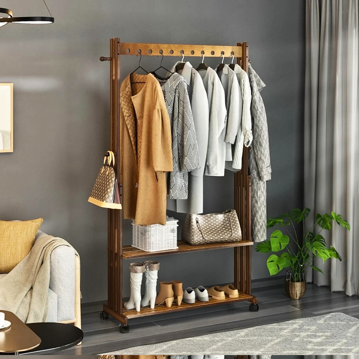 Entryway Hallway Clothes Rail Rack 2 Layer Shoe Shelves With Wheels