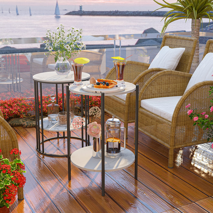 2-tier Round Sintered Stone Side Table Coffee End Table with Metal Frame