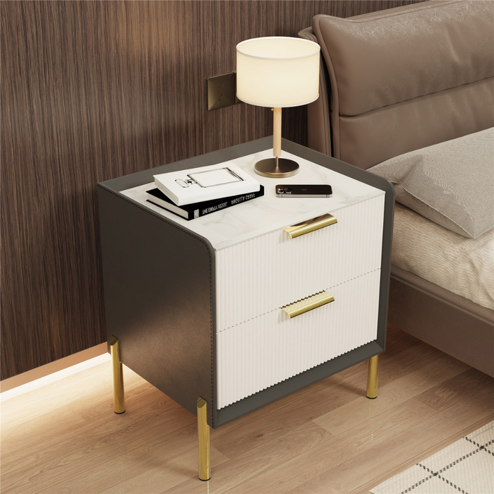 2 Tier Side Table Nightstand with Sintered Stone Tabletop and Chrome Legs