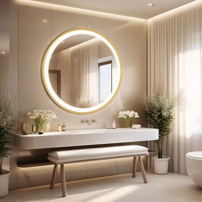 24 Inch Gold Frame Round Bathroom Mirror with Lights