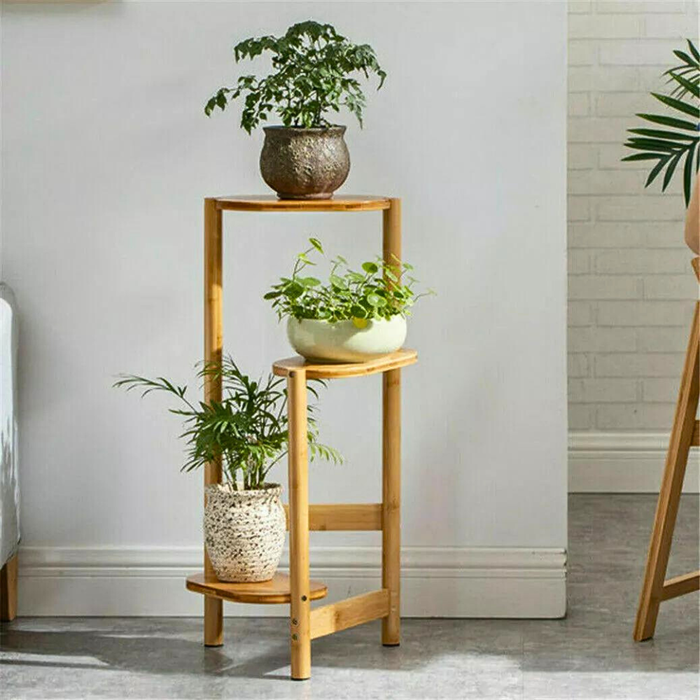 3 Tier Bamboo Tall Corner Plant Rack Planter Stand Flower Pot Holder