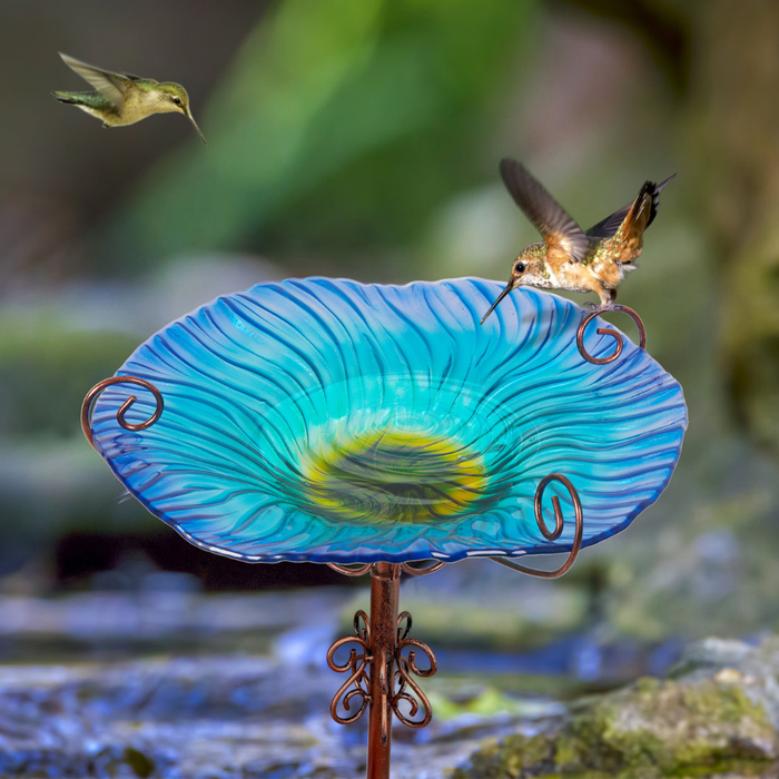30'' Height Flower Glass Bird Bath Garden Outdoor Bird Feeder with Metal Stake