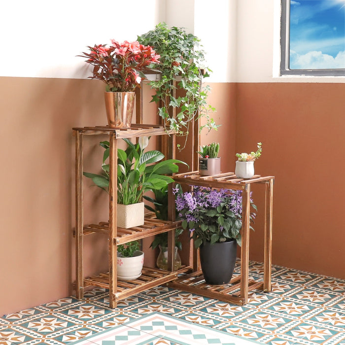 6 Tier Corner Plant Display Stand Wood Flower Pots Shelf Rack