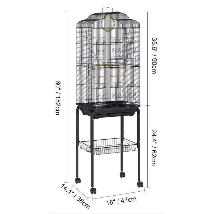 60 Inch Flight Bird Cage with Rolling Stand and Hanging Toys Large Metal Aviary for Happy Birds