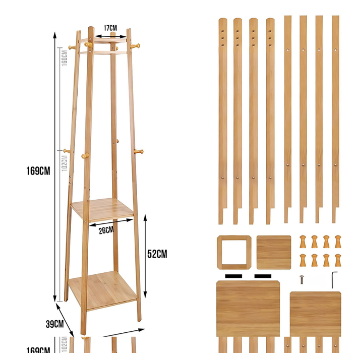 Bamboo Coat Rack Free Standing 2-Shelves Clothing Storage Garment Organizer