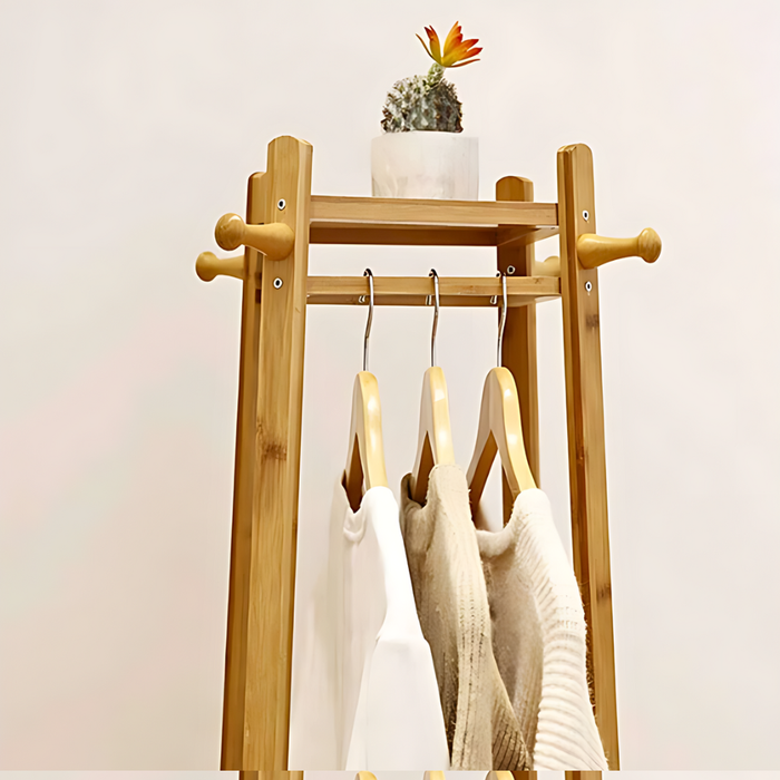 Bamboo Coat Rack Free Standing 2-Shelves Clothing Storage Garment Organizer