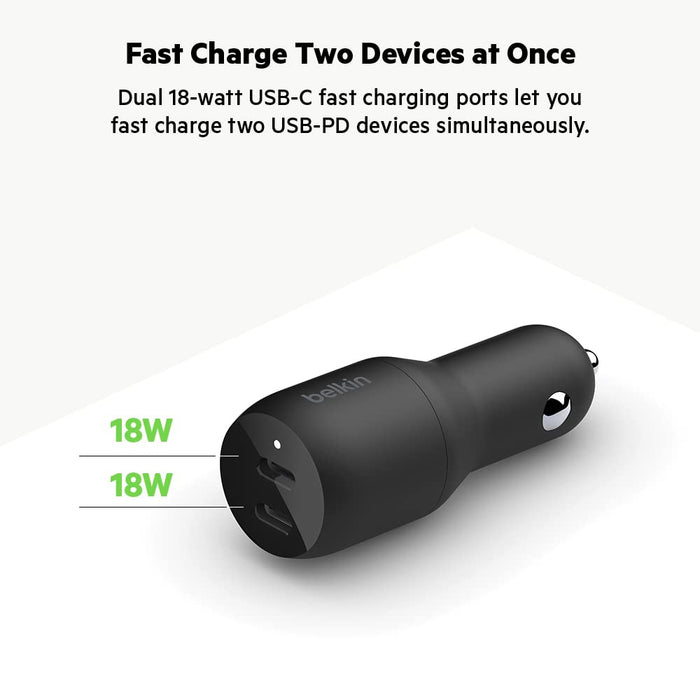 Belkin BoostCharge 36W Dual USB C Car Charger 2 Port 18W PD Fast Charge for iPhone Samsung Google Pixel iPad