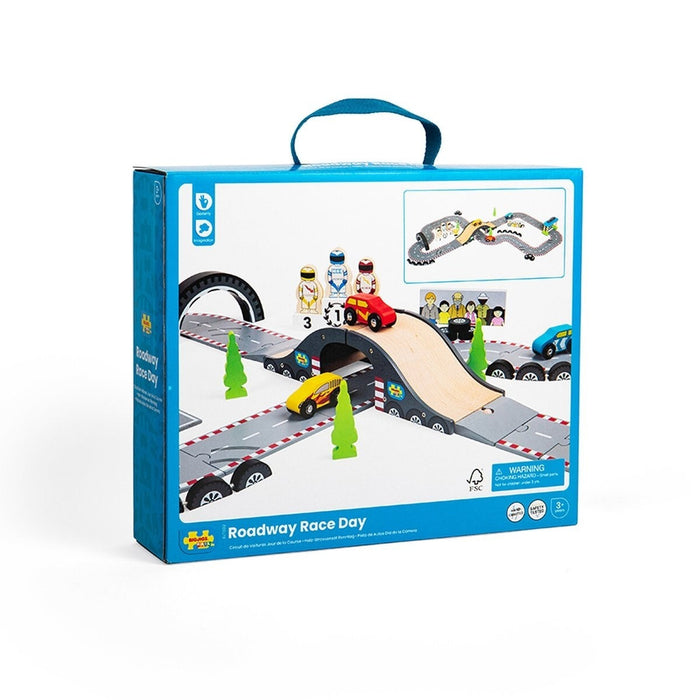 Bigjigs Rail Roadway Race Day Set Wooden Toy Car Racing Playset