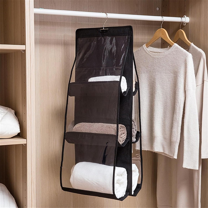 Black Foldable Oxford Cloth Handbag Storage Bag With 6 Pockets