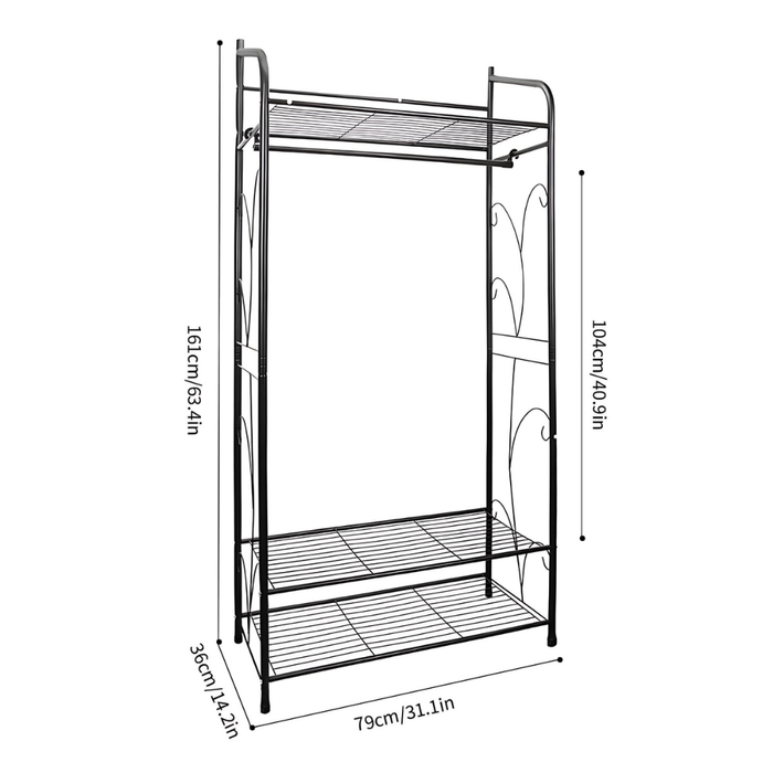Black Metal Heavy Duty Clothes Rail Clothes Rack with 2 Shelf Storage Shelves