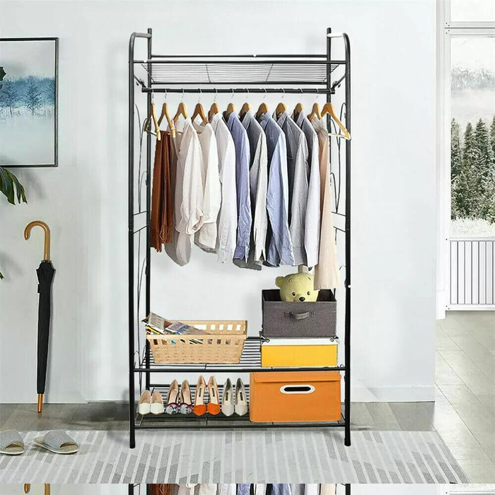 Black Metal Heavy Duty Clothes Rail Clothes Rack with 2 Shelf Storage Shelves