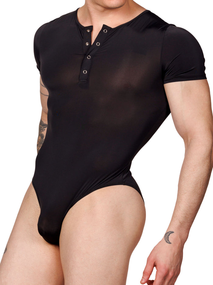Front side view of a male model wearing a black XDress bodysuit with short-sleeves and a henley style neckline.