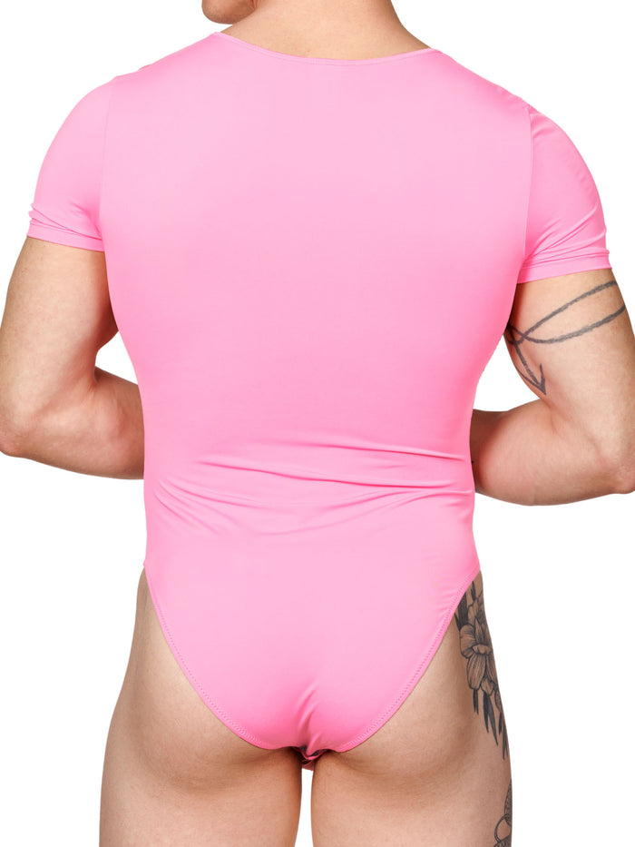 Back view of a male model wearing a pink XDress bodysuit with henley neckline