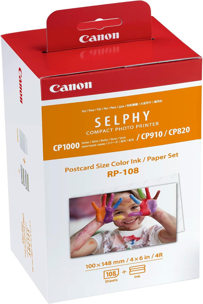 Canon RP-108 Ink and Photo Paper Kit, 108 Postcard Size 4x6 Inch Prints, Dye Sublimation, Compatible with SELPHY CP Series
