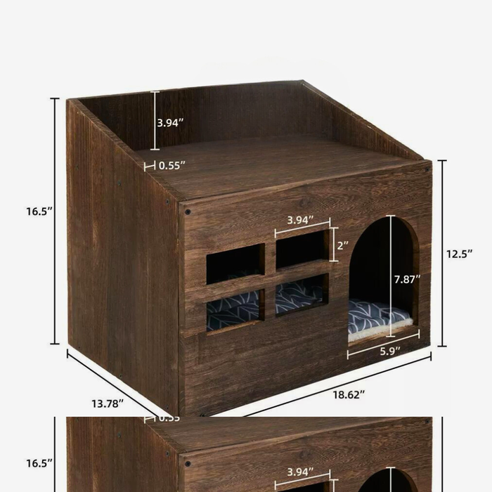 Cozy Wooden Cat Cave Bed with Cushion Pad and Litter Box