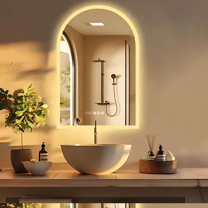Chic Backlit Bathroom Vanity Mirror with Time and Temperature Display