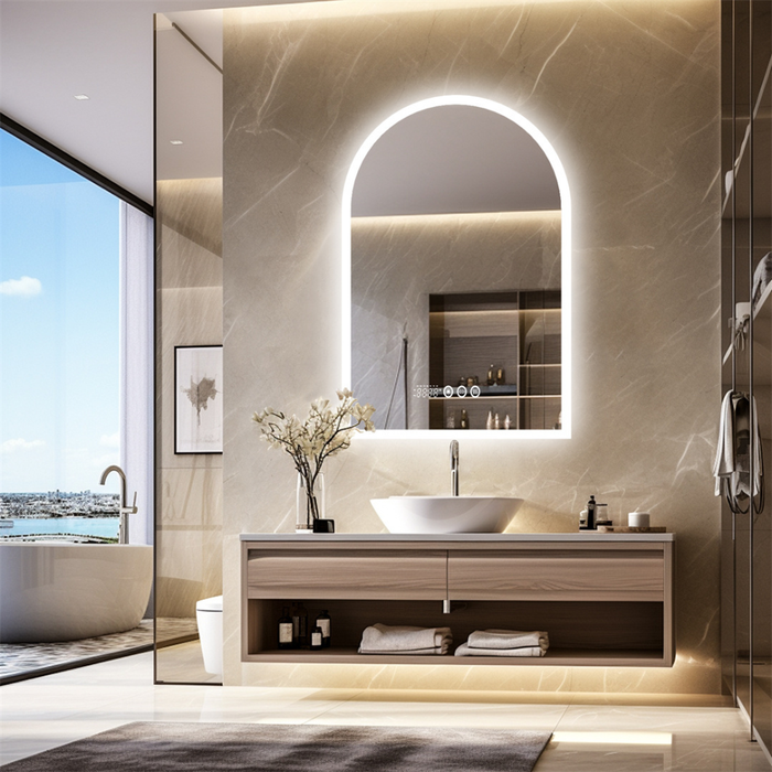 Chic Backlit Bathroom Vanity Mirror with Time and Temperature Display