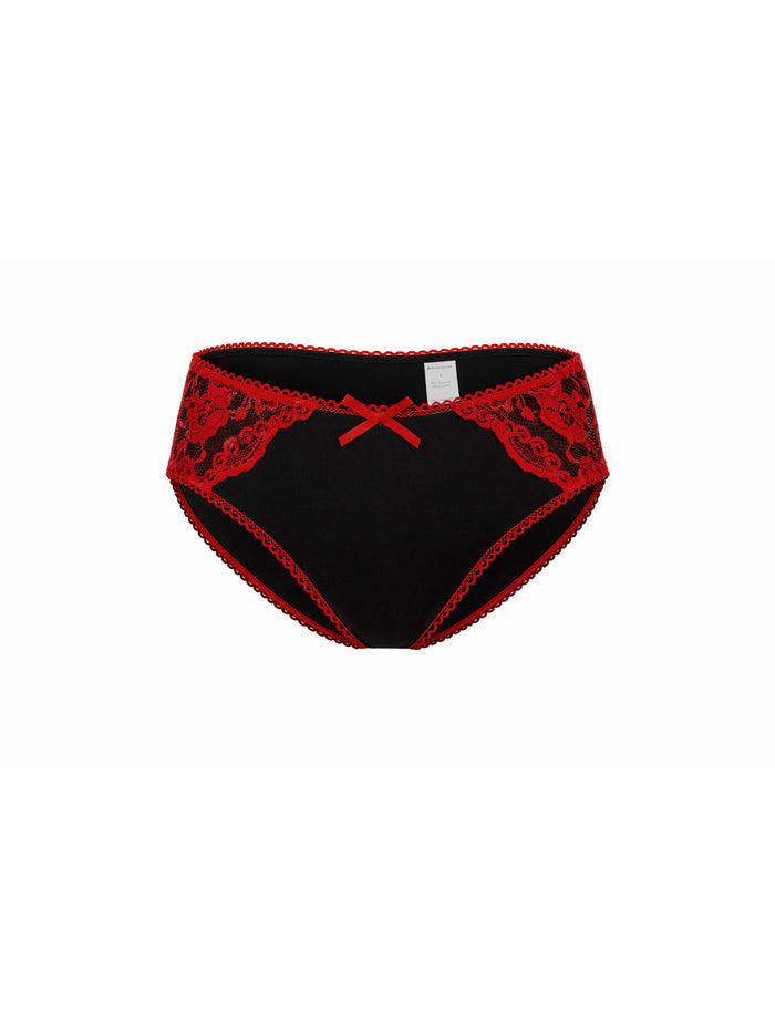 Black underwear with red lace trim on a white background