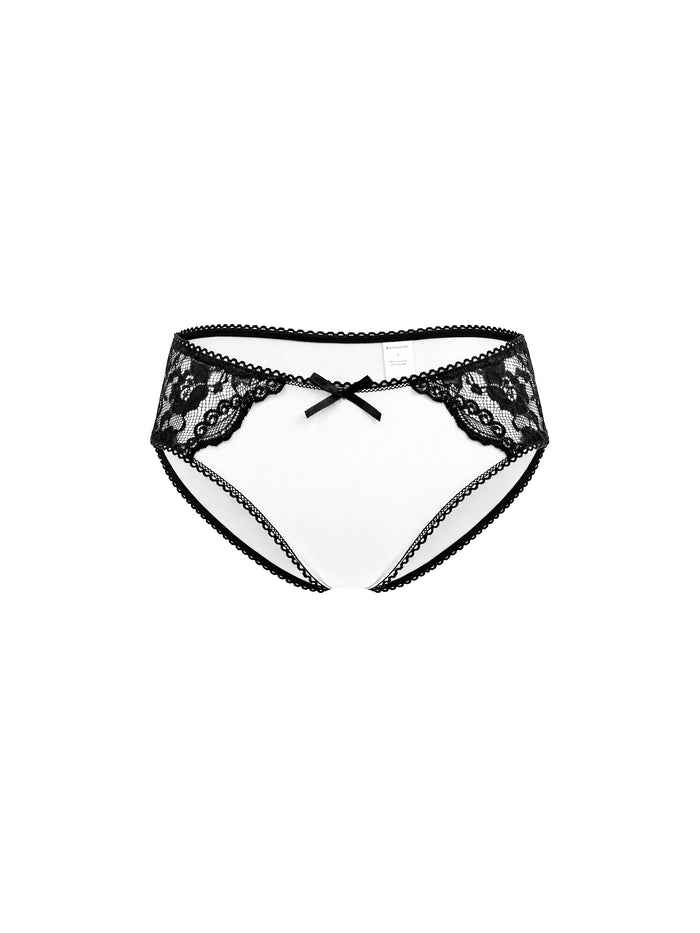 White underwear with black lace on a white background