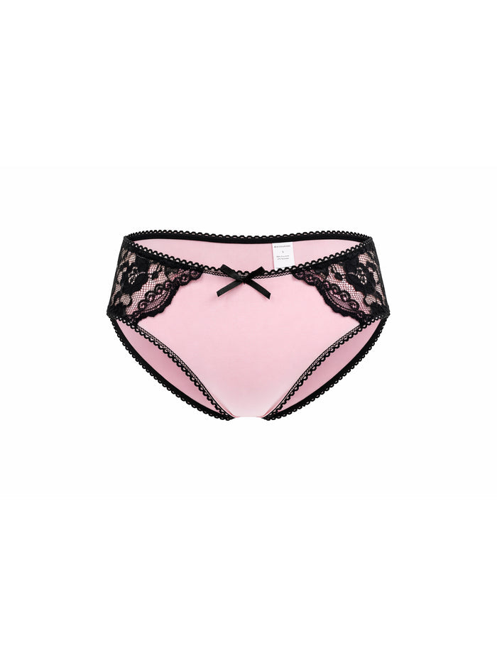 Pink lace underwear with a bow on a white background