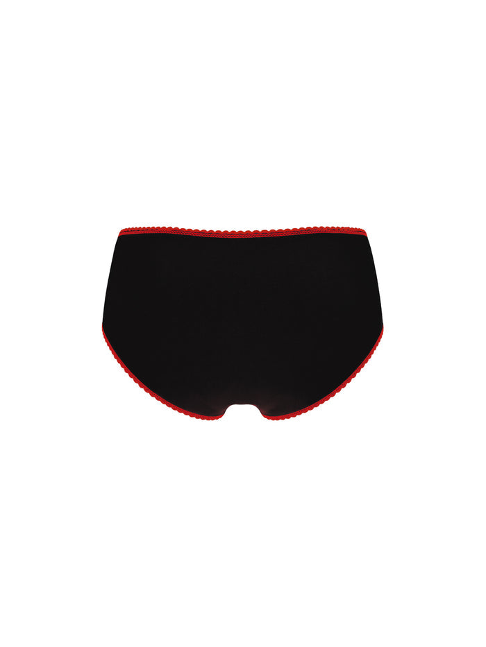 Black underwear with red lace trim on a white background
