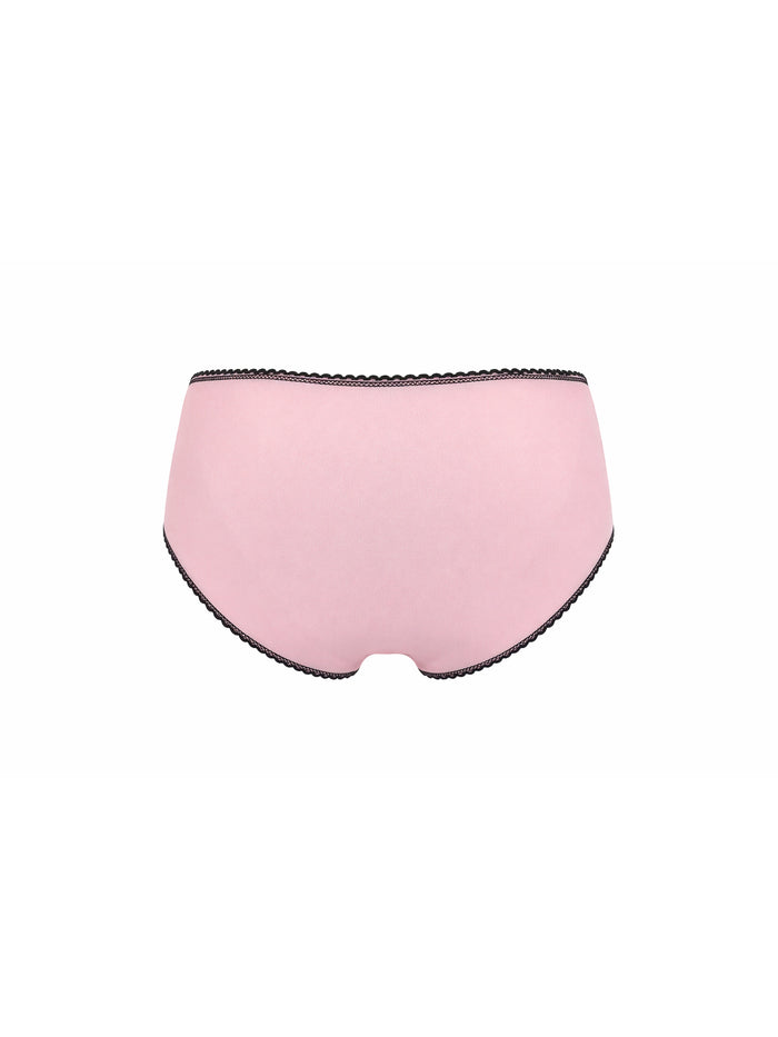 Pink underwear with black lace trim on a white background