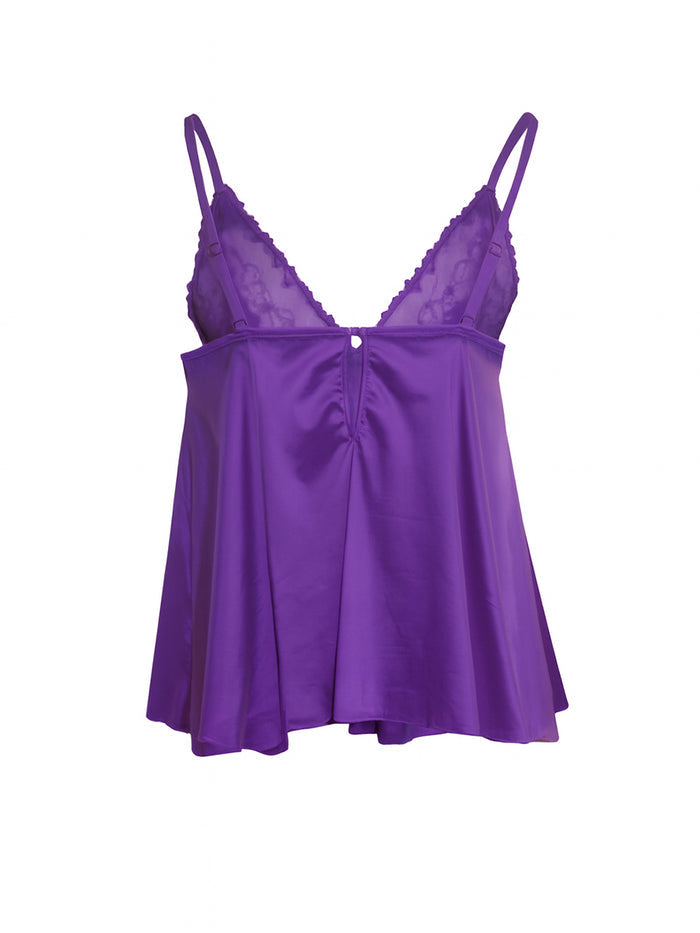 Purple satin nightgown with lace details on a white background.