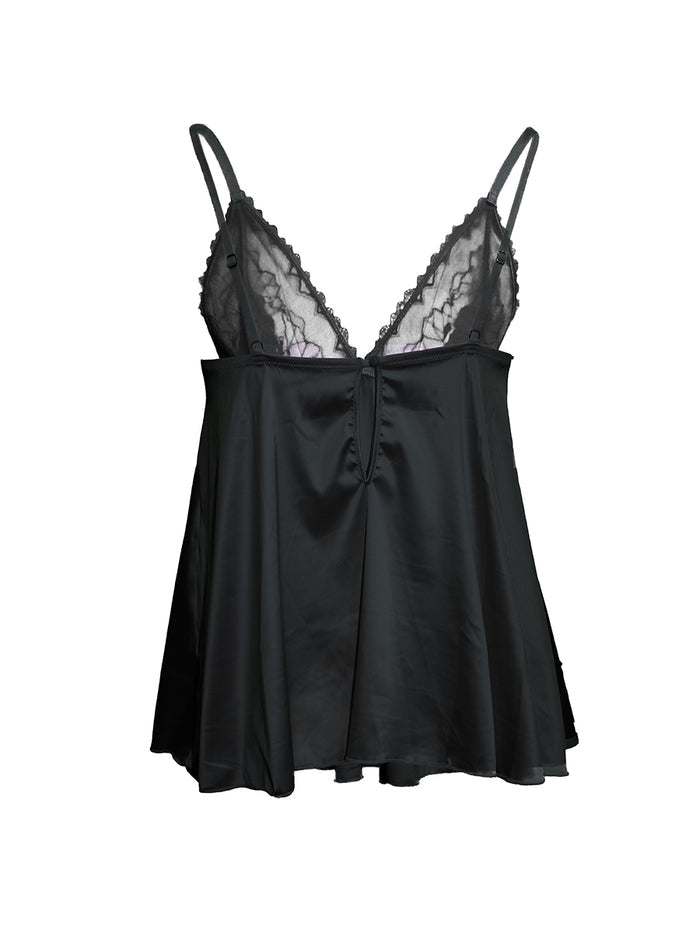 Black satin men's camisole with lace details on a white background