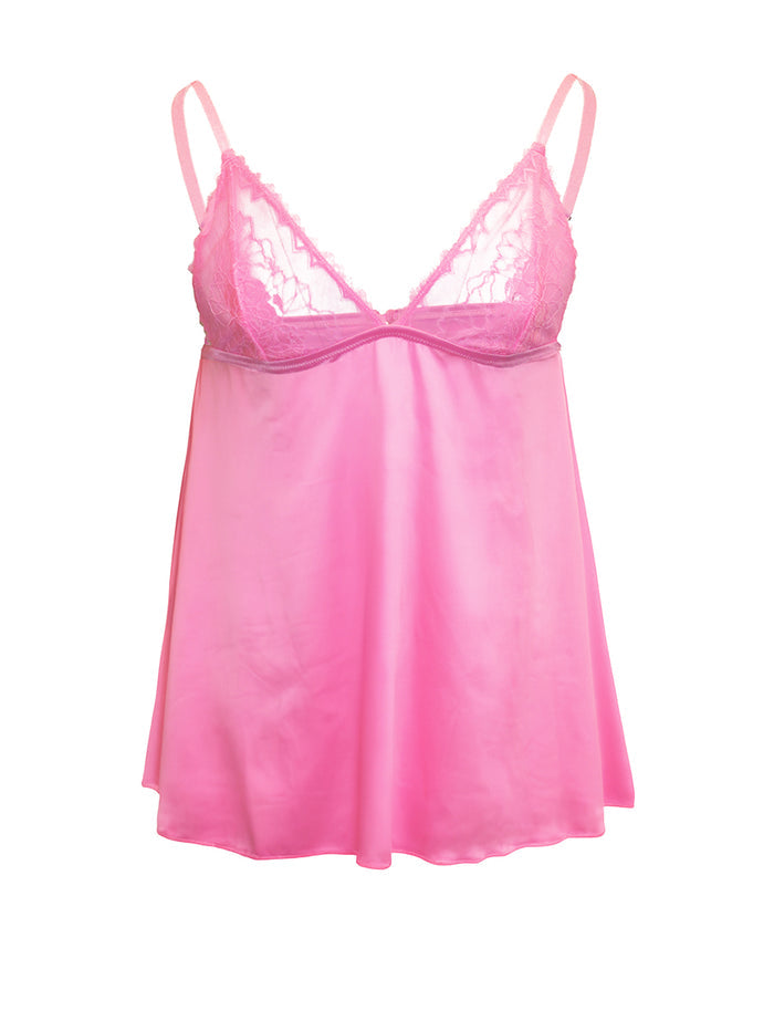Pink satin men's nightgown with lace details on a white background.