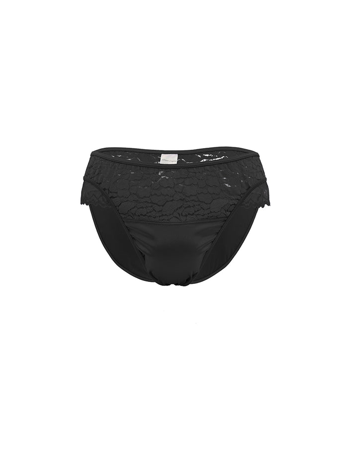 Black satin and lace men's underwear on a white background.