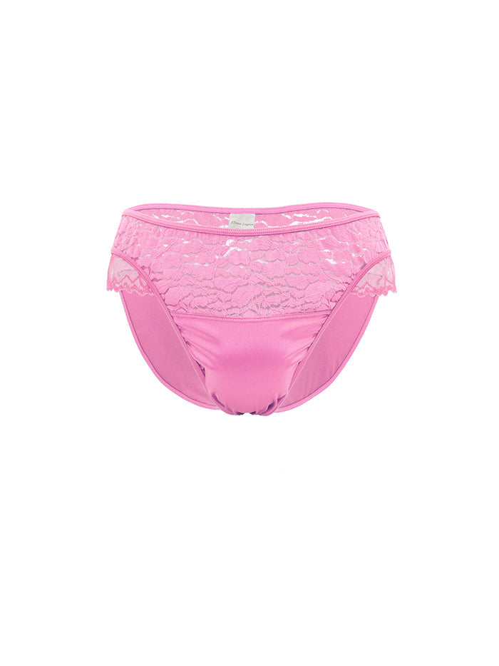 Pink lace XDress panties on a white background.