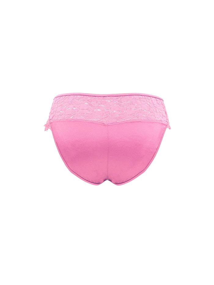 Pink lace XDress panties on a white background.