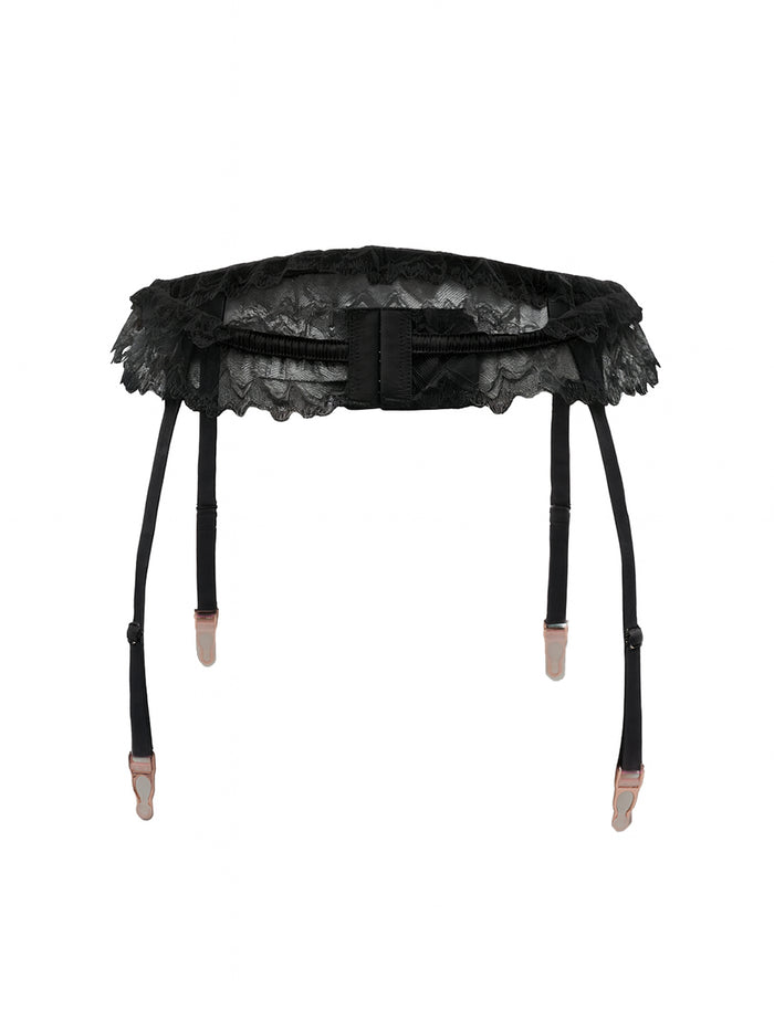 Black lace garter belt with straps on a white background