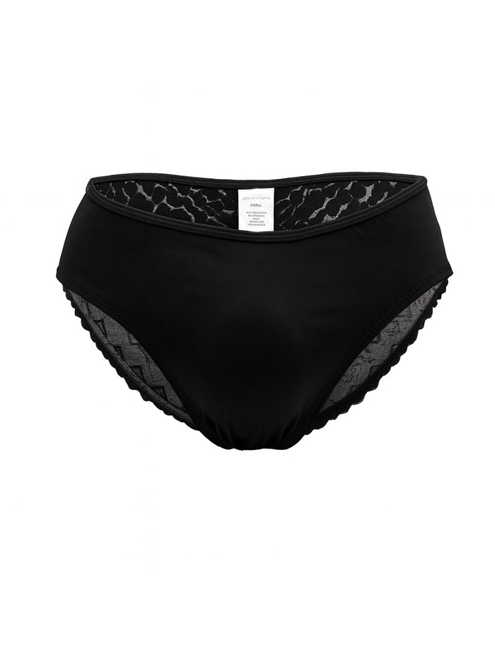 Black men's underwear with lace trim on a white background