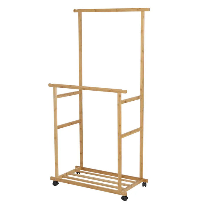 Double-Rail Bamboo Clothes Rack High Low Hanging Rod Organizer
