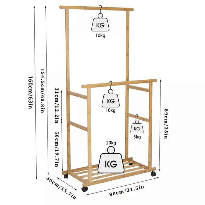Double-Rail Bamboo Clothes Rack High Low Hanging Rod Organizer