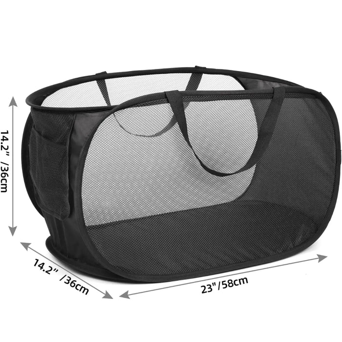 Durable Collapsible Laundry Basket Mesh Pop Up Laundry Hamper With Side Pocket