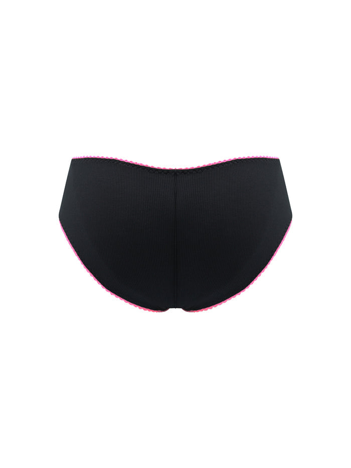 Black high-waisted bikini bottom with pink trim on a white background