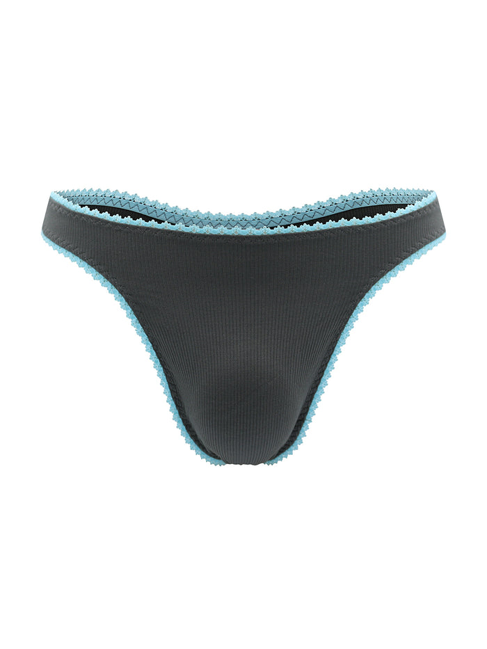 Dark grey thong panties with blue lace trim on a white background.