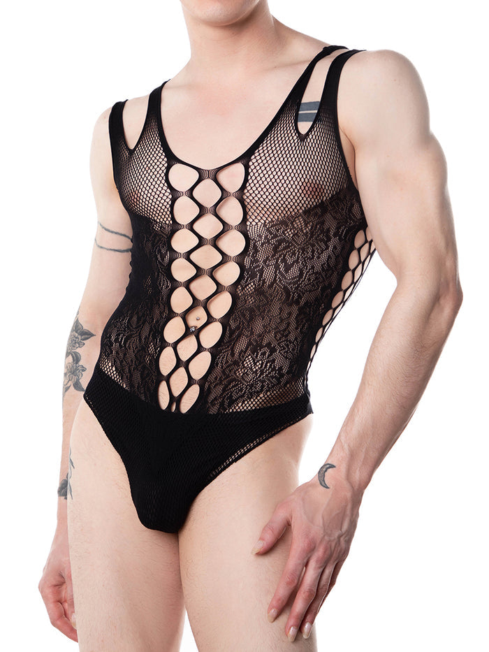 Men's Black Fishnet and Lace Bodysuit - XDress