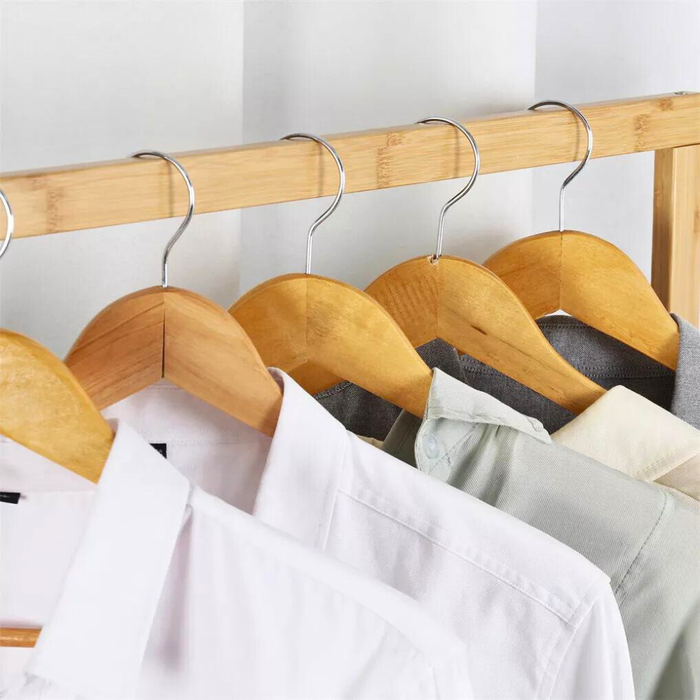 Free Standing Bamboo Double Hanging Clothes Organizer on Wheels