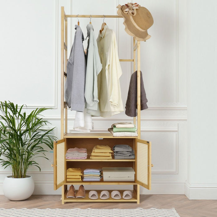 Freestanding Bamboo Clothes Rack with Shoe Cabinet