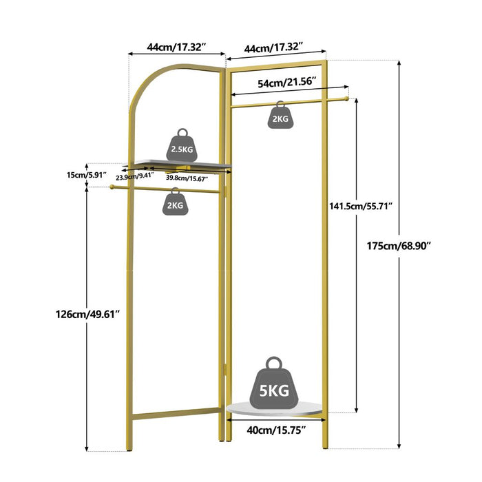 Freestanding Gold Metal Coat Rack Entryway Corner Clothes Stand with Shelf