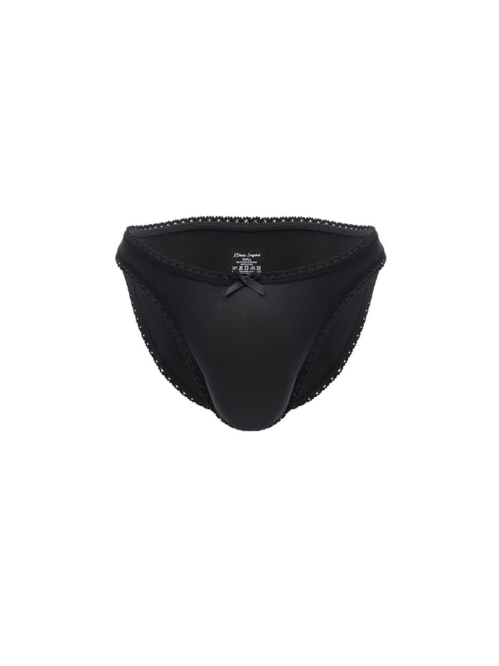 Black men's underwear with lace trim on a white background