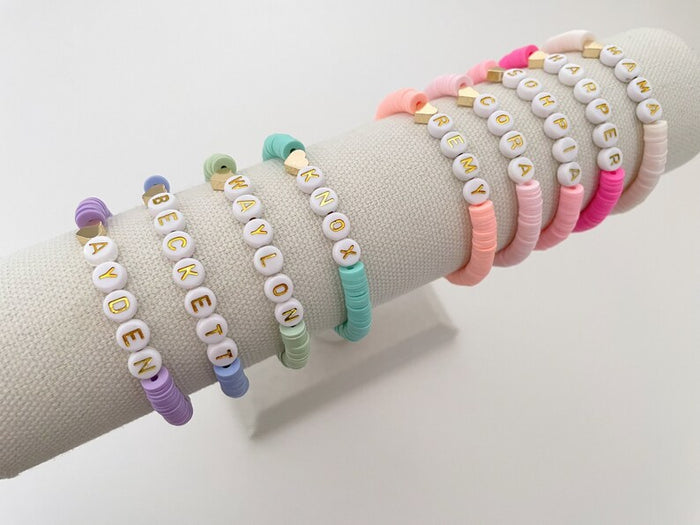 Heart Charm Heishi Name Bracelet