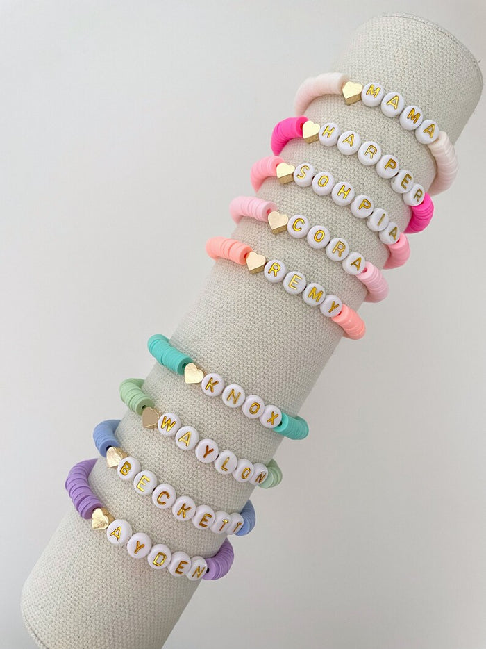 Heart Charm Heishi Name Bracelet