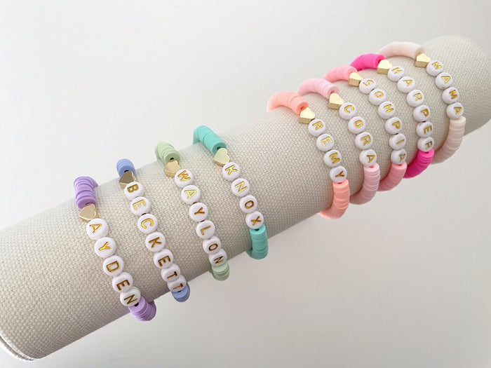 Heart Charm Heishi Name Bracelet