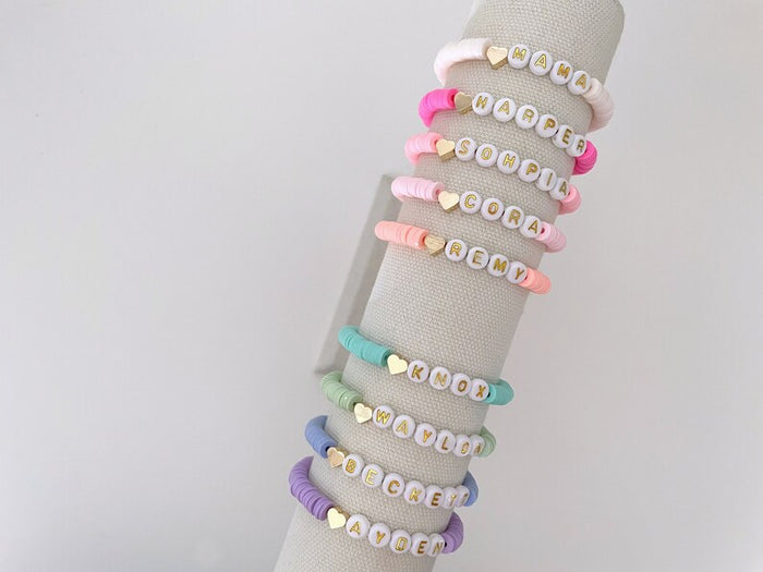 Heart Charm Heishi Name Bracelet