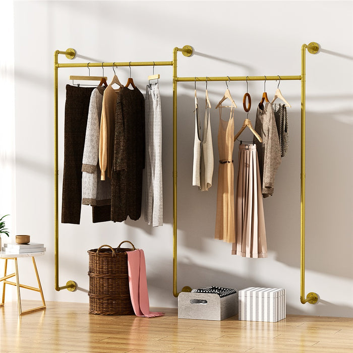 Industrial Pipe Clothing Rack Wall Mounted with Hanging Rods - Gold